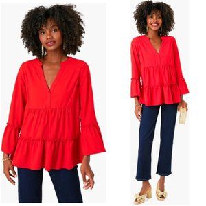 Pomander Place Red Tiered V-Neck Bell Sleeve Blouse